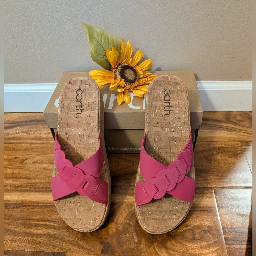 Earth Scotti Criss Cross PINK Slip On Platform Wedge Sandals Size 10M NIB